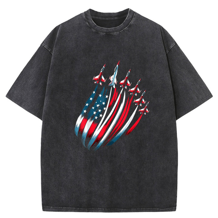 Unisex heavyweight cotton tee with patriotic eagle graphic, washed black finish and oversized casual streetwear fit