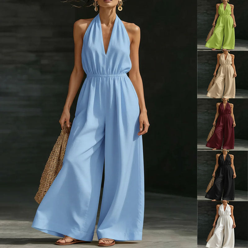 Sky blue women’s one-piece outfit with halter neckline and relaxed wide-leg pants