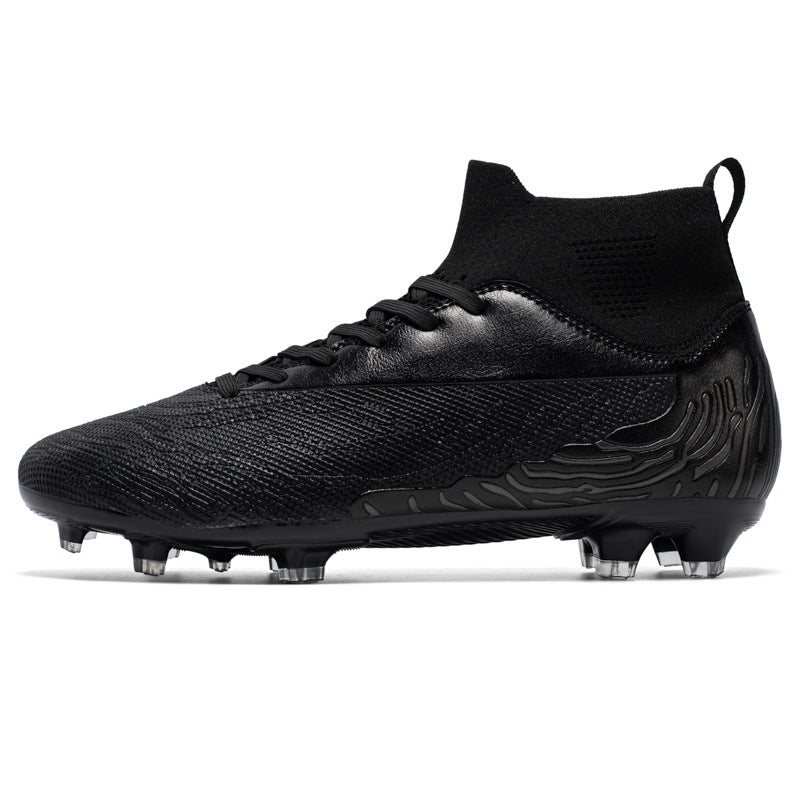 Black soccer cleat on a white background