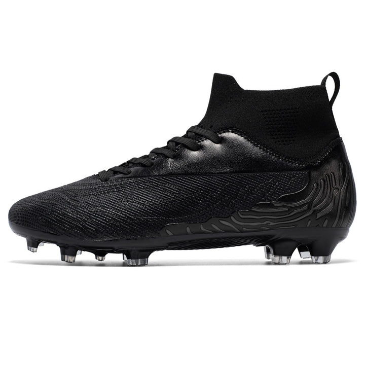 Black soccer cleat on a white background