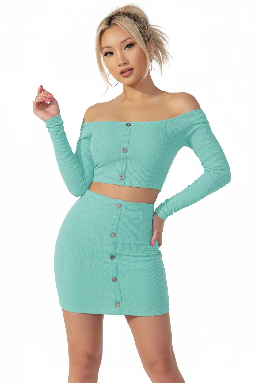 off shoulder bodycon two piece set side profile curve-hugging skirt cinched waist