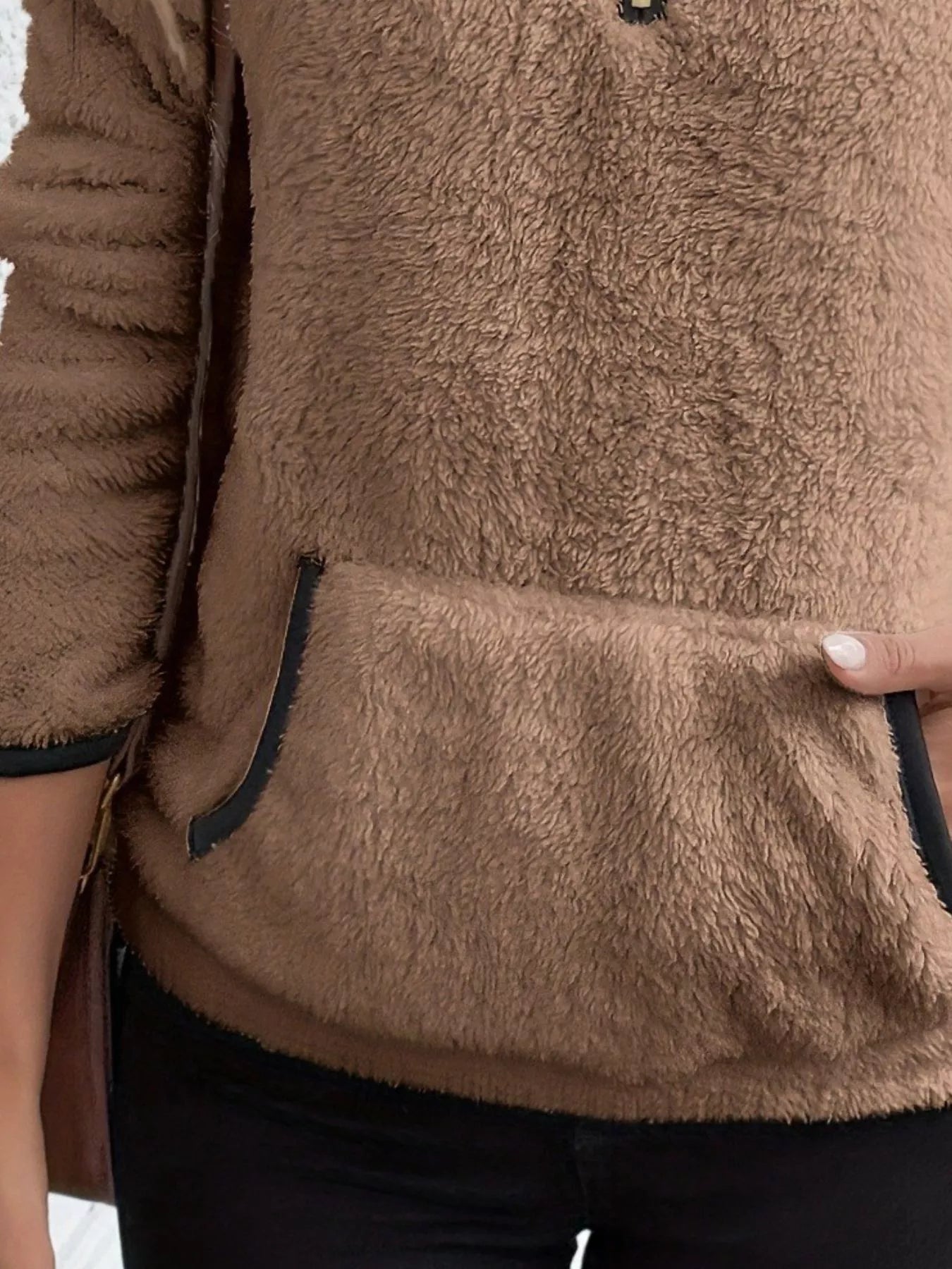 plus size cozy fleece pullover in light color, quarter zip neckline worn half open with gold jewelry for quiet luxury look