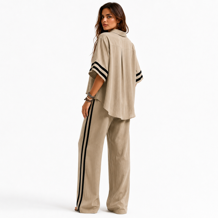 Relaxed two piece trouser set for women with summer-ready shirt, easy fit and elegant casual commute look for daily wear now.