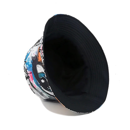 white bucket hats statement eye print detail, dome crown bucket hat for four-season wear and outdoor sun protection
