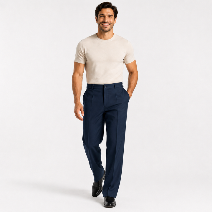Formal trousers for men with a straight fit, diagonal pockets, and wrinkle-resistant fabric suited for office and event wear.
