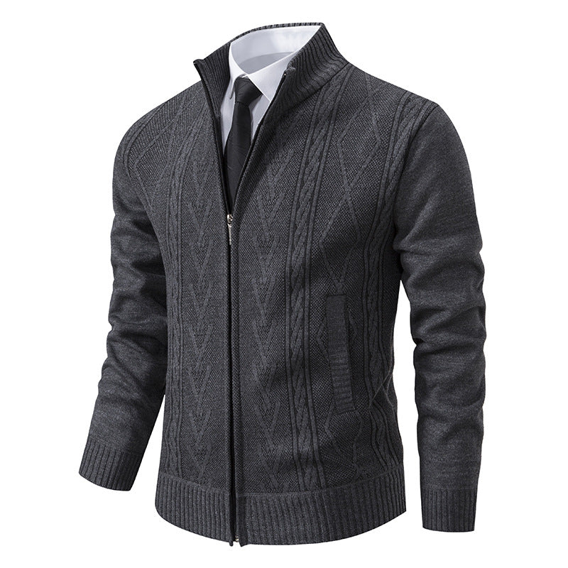 Men's stand collar cardigan zipper pull and collar seam detail, jacquard knit cardigan texture for smart casual dressing
