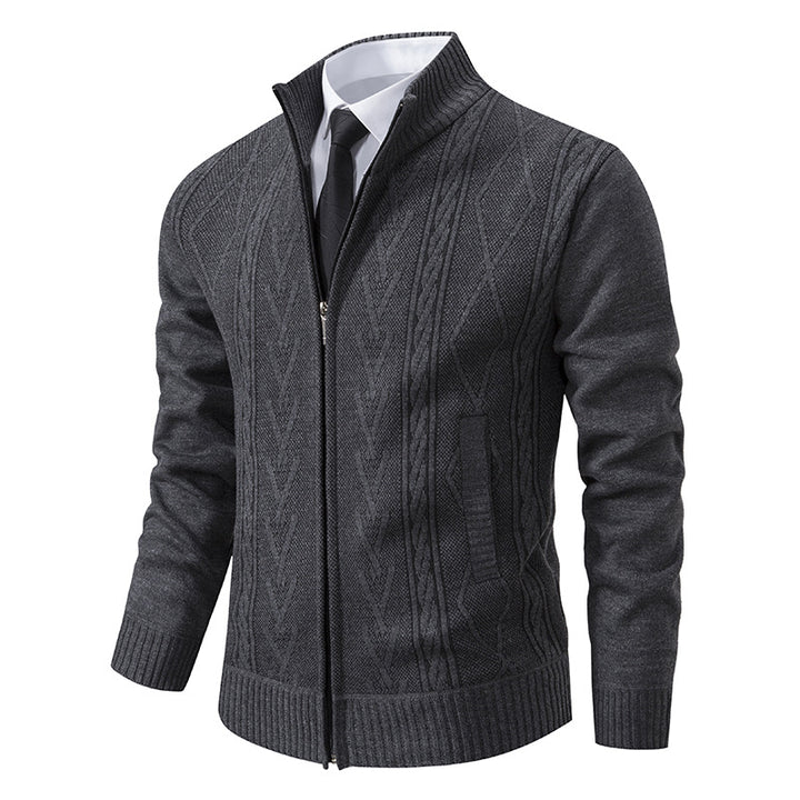 Men's stand collar cardigan zipper pull and collar seam detail, jacquard knit cardigan texture for smart casual dressing
