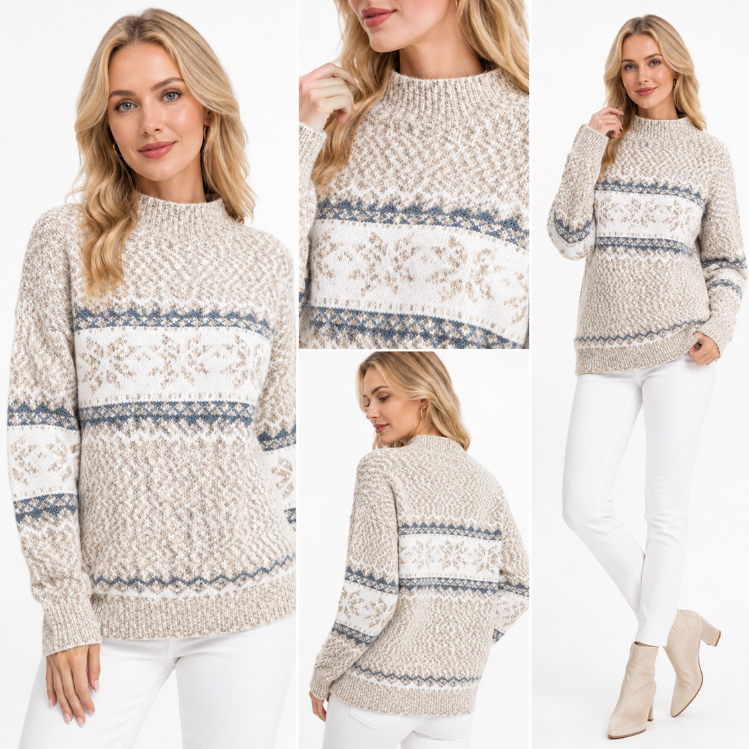Woman wearing a patterned sweater with white pants and beige boots, shown from multiple angles.