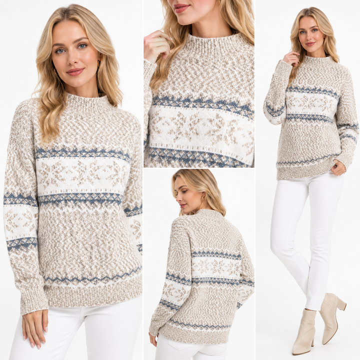Woman wearing a patterned sweater with white pants and beige boots, shown from multiple angles.