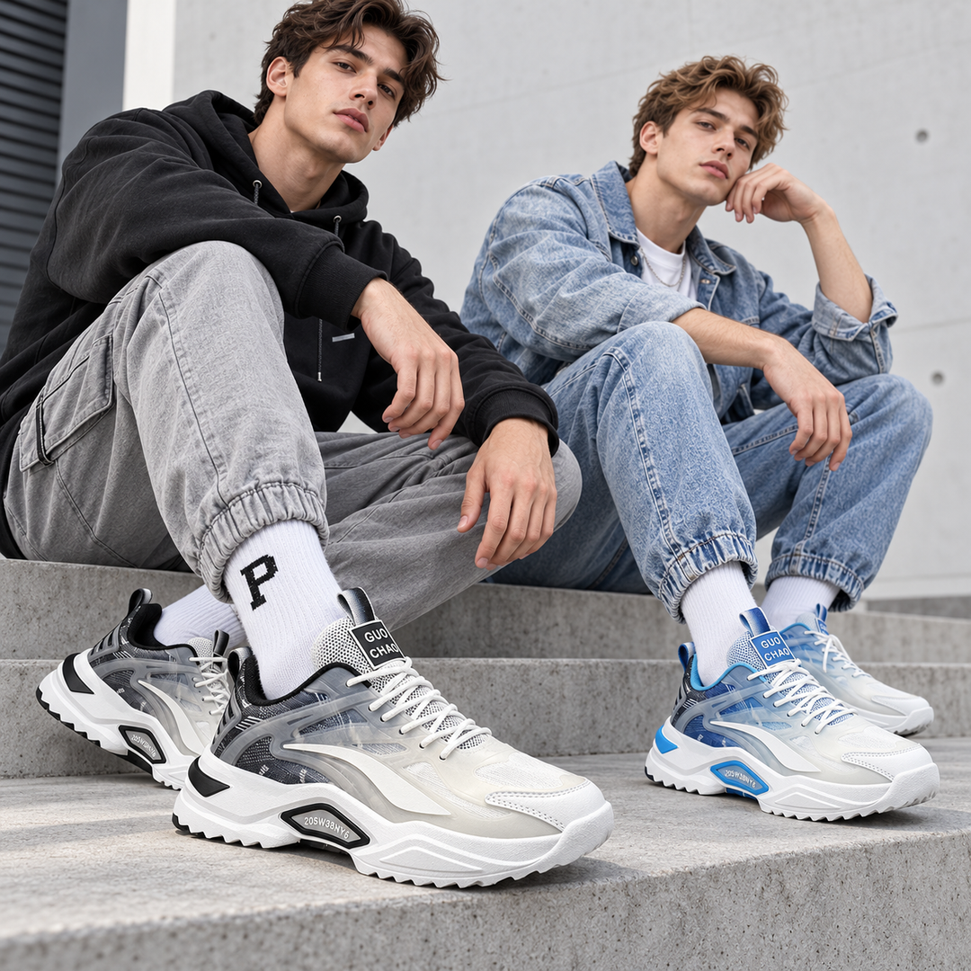 Two male models wearing the verified white and black and white and blue dad sneakers on concrete steps with strong focus on the shoes.