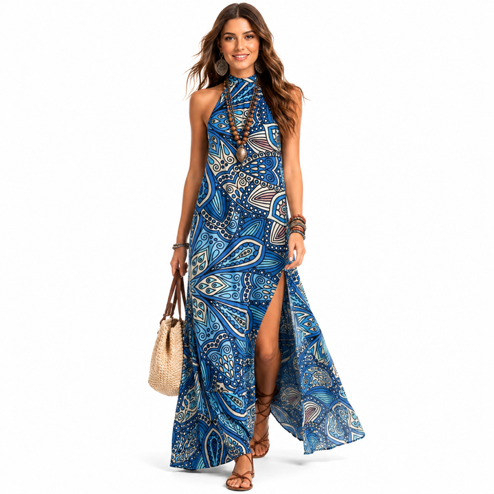 Printed halter neck maxi dress in blue retro pattern with loose long skirt, sleeveless neckline and travel-ready summer style