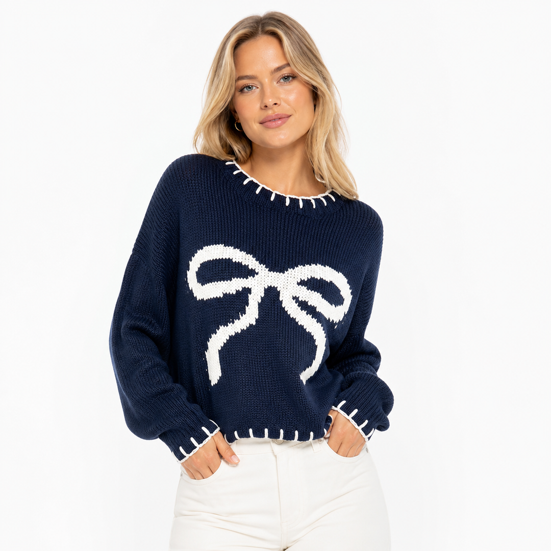 Holiday Sweater Women with Bow-Neck Charm