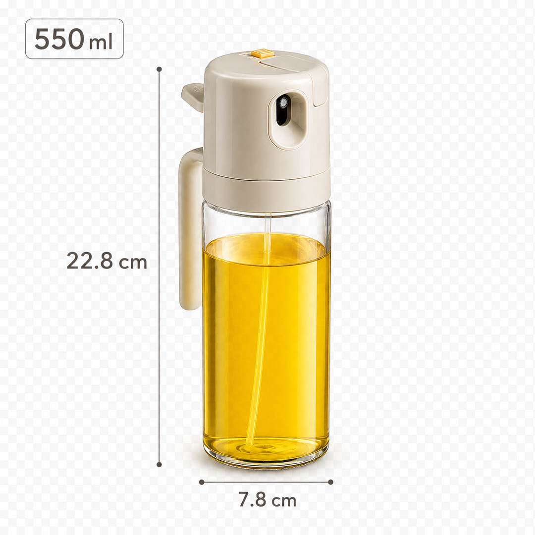 Glass oil spray bottle with 2 in 1 spray and pour design for air fryer meals, grilling, baking and everyday kitchen use today