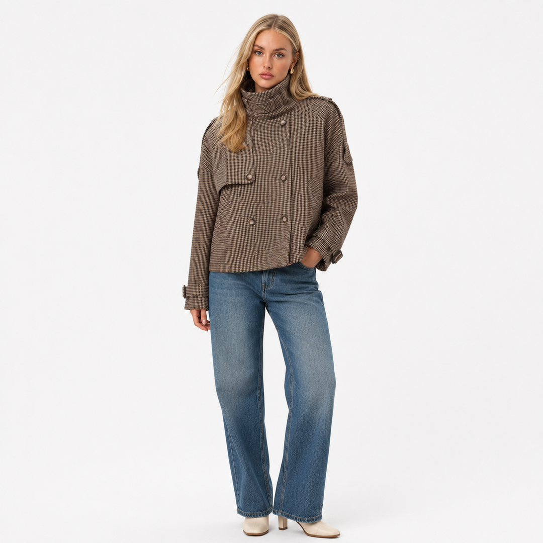 Dark brown patterned coat for women, with houndstooth styling, relaxed fit, regular sleeves, buttons, and polyester material.