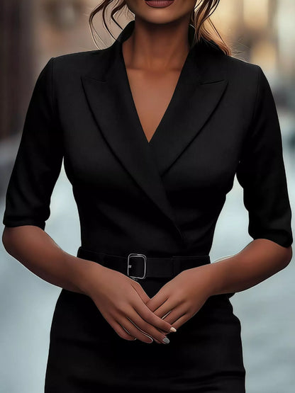 Belted surplice dress close shot of waist tie and seams, smooth finish for wrinkle-resistant travel wear, modern smart casual
