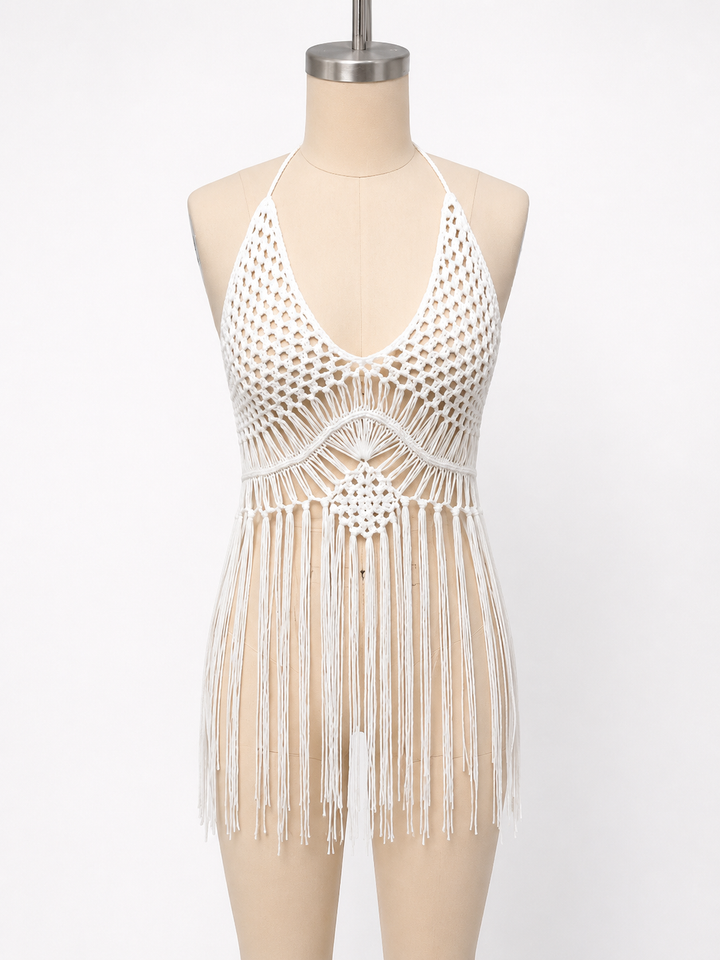 Boho crochet bikini cover up with decorative tassel detail and lightweight open weave design for warm weather styling