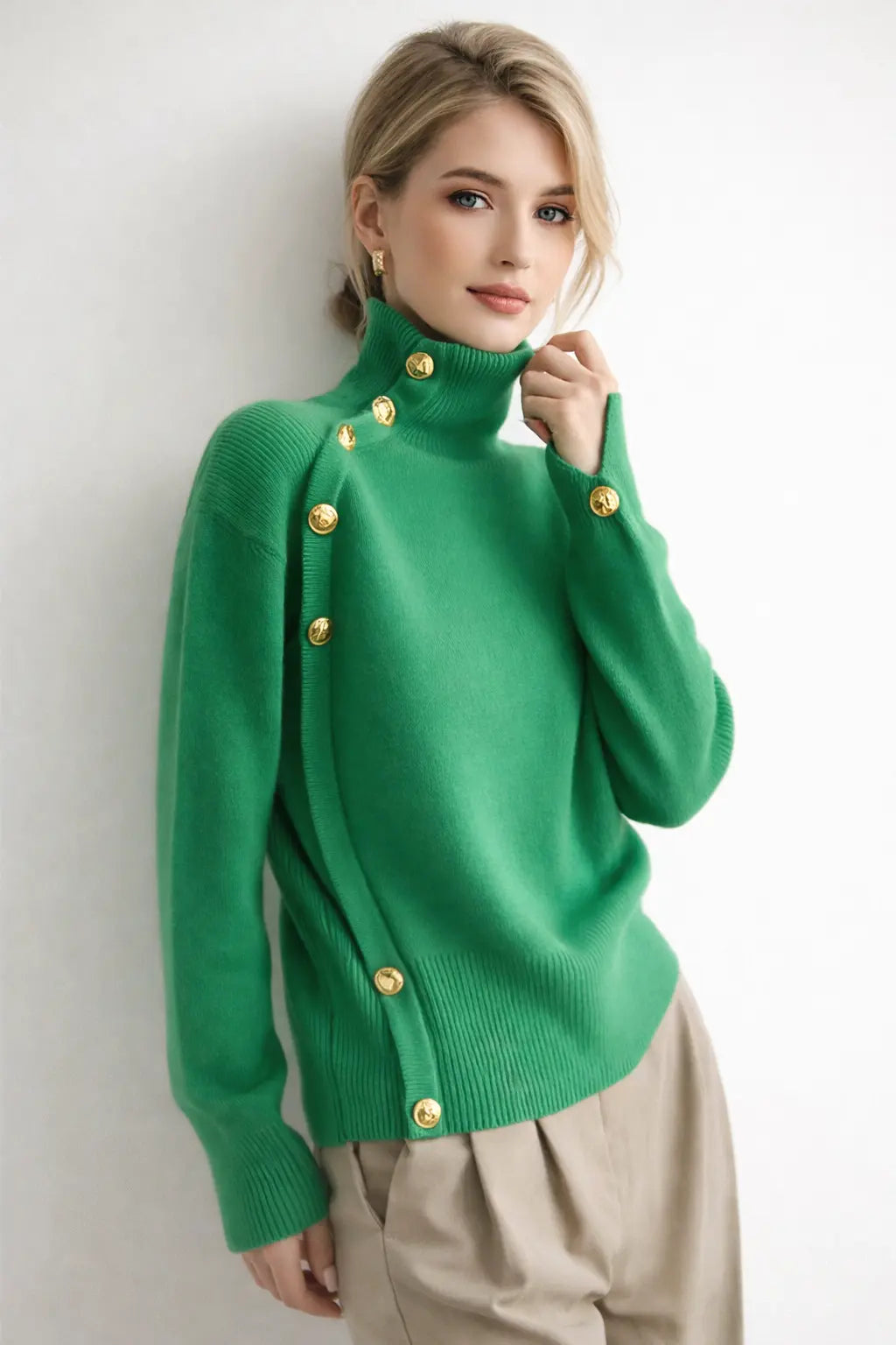 women turtleneck sweater loose fit side profile