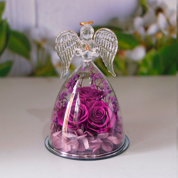 dried rose gift box top view of glass bottle dome with angel figure and preserved rose for elegant home decor
