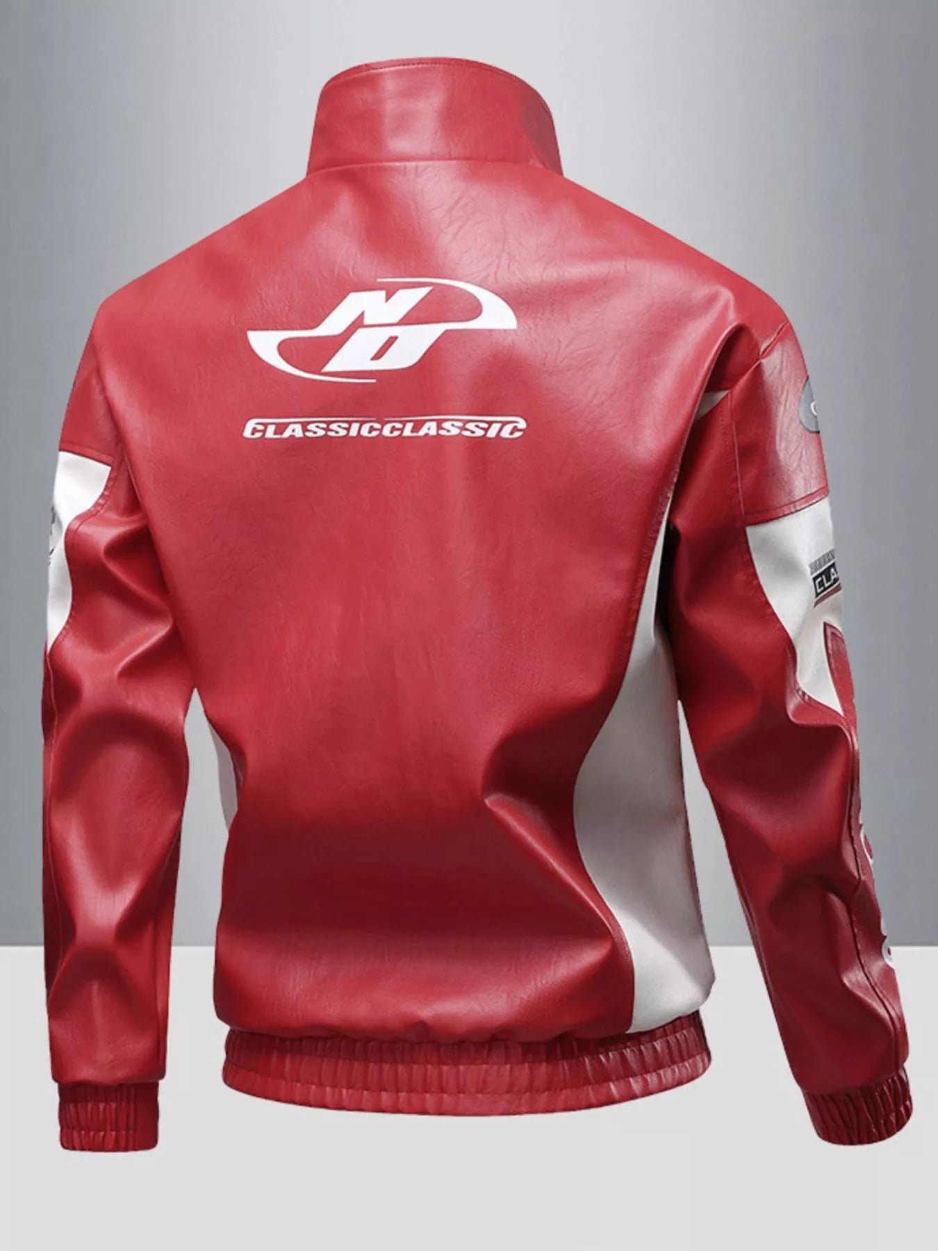 Stand collar detail on men's big and tall biker jacket blocking wind during rides.