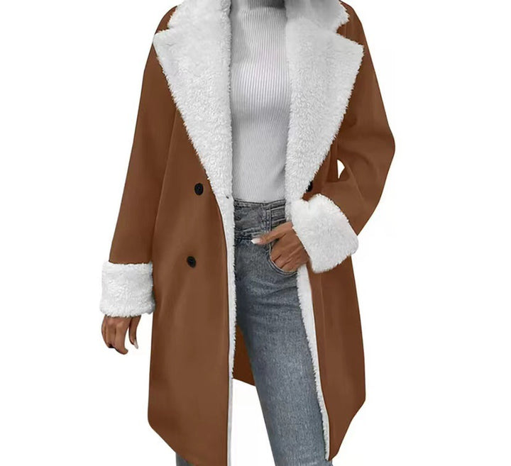 Khaki Woolen Coat Women Elegant Minimal Polyester Fit