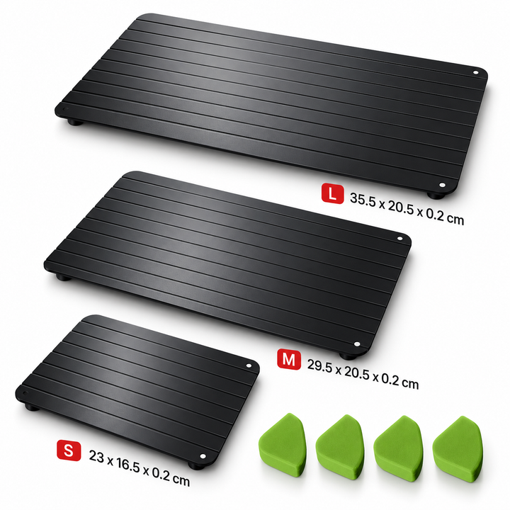 Fast defrosting tray size comparison with S, M and L references