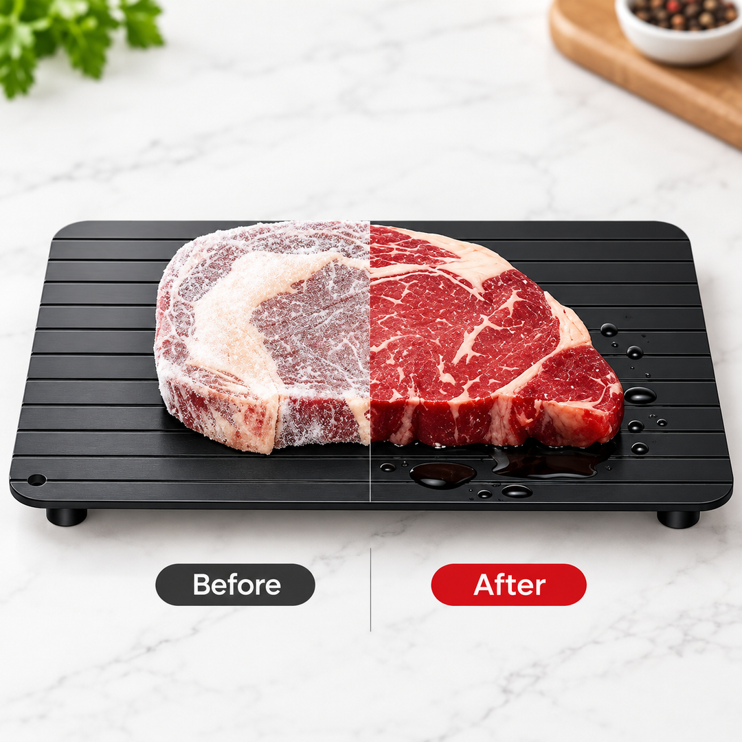 Before and after steak thawing comparison shown on the black tray