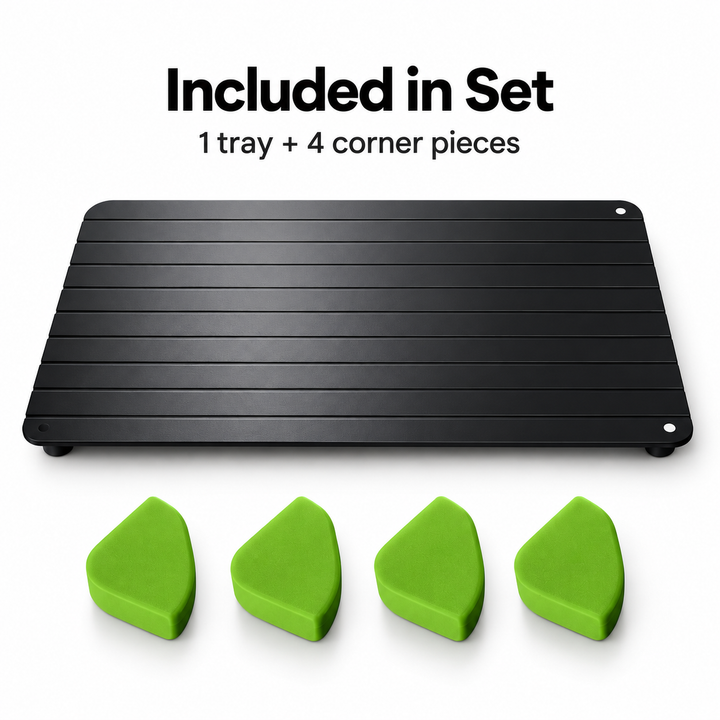 Included set showing one black ridged tray with four green corner pieces
