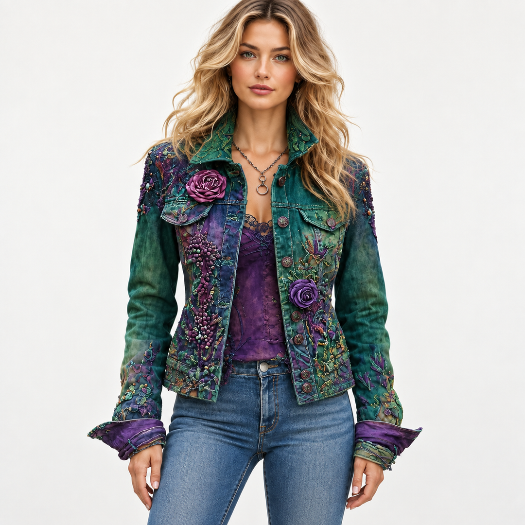 Denim jacket women shown from the front with embroidered floral details, button closure and street-style design