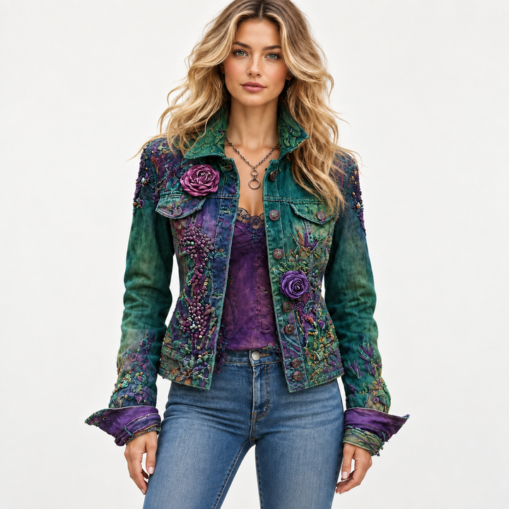 Denim jacket women shown from the front with embroidered floral details, button closure and street-style design