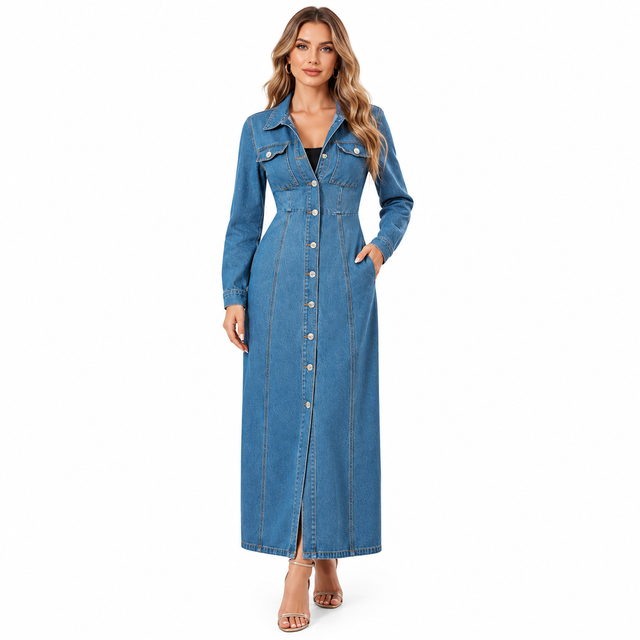 Denim Shirt Dress - Long Button Front Maxi Layered Look