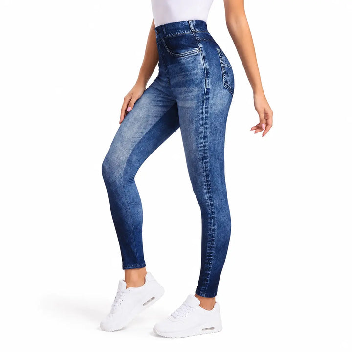 Denim Blue yoga leggings for women, side studio product view showing the denim-look print and seam detail.