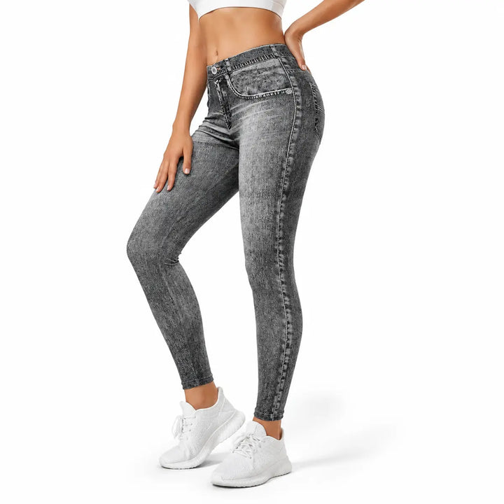 Denim Gray yoga leggings for women, studio product view showing the gray denim-like print and fitted silhouette.