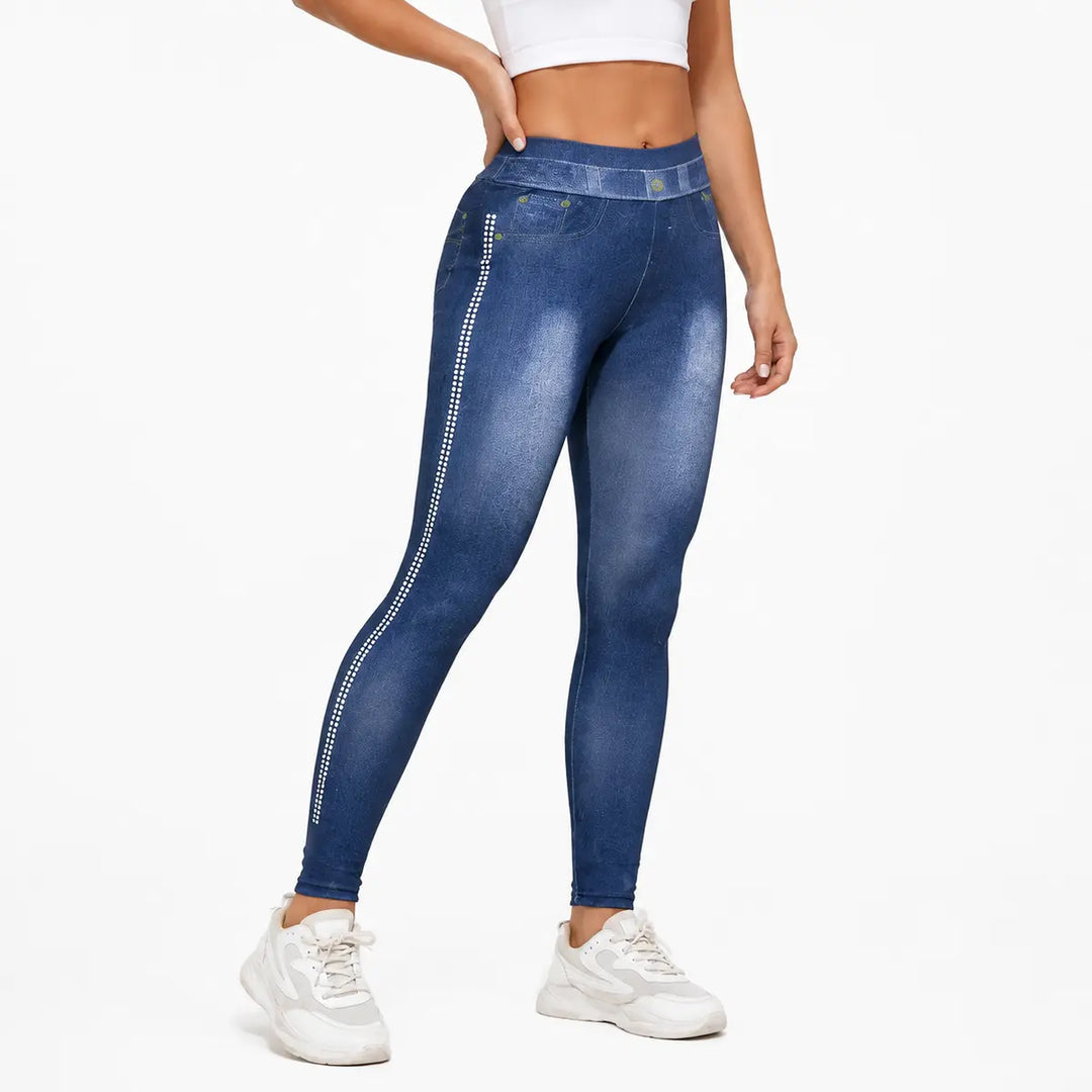 Dotted Side Detail denim-look leggings for women, front studio product view on white background.