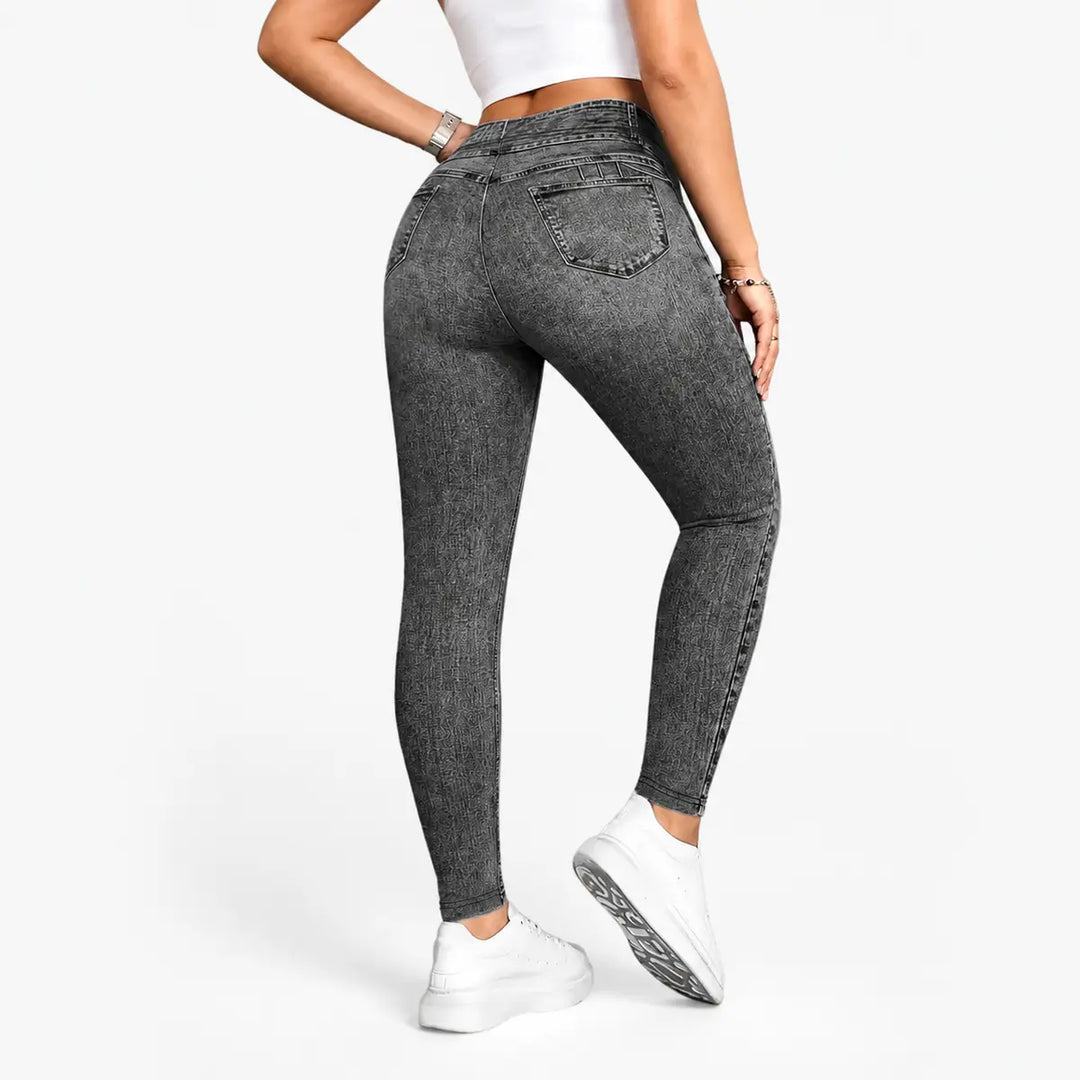 Gray Black denim-look leggings for women, rear studio product view showing the printed back-pocket appearance.