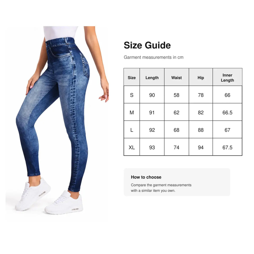 Denim-look yoga leggings size guide with S, M, L and XL garment measurements in centimeters.