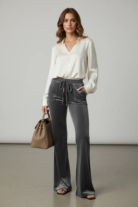 figure flattering pants women mid waist brown polyester fabric
