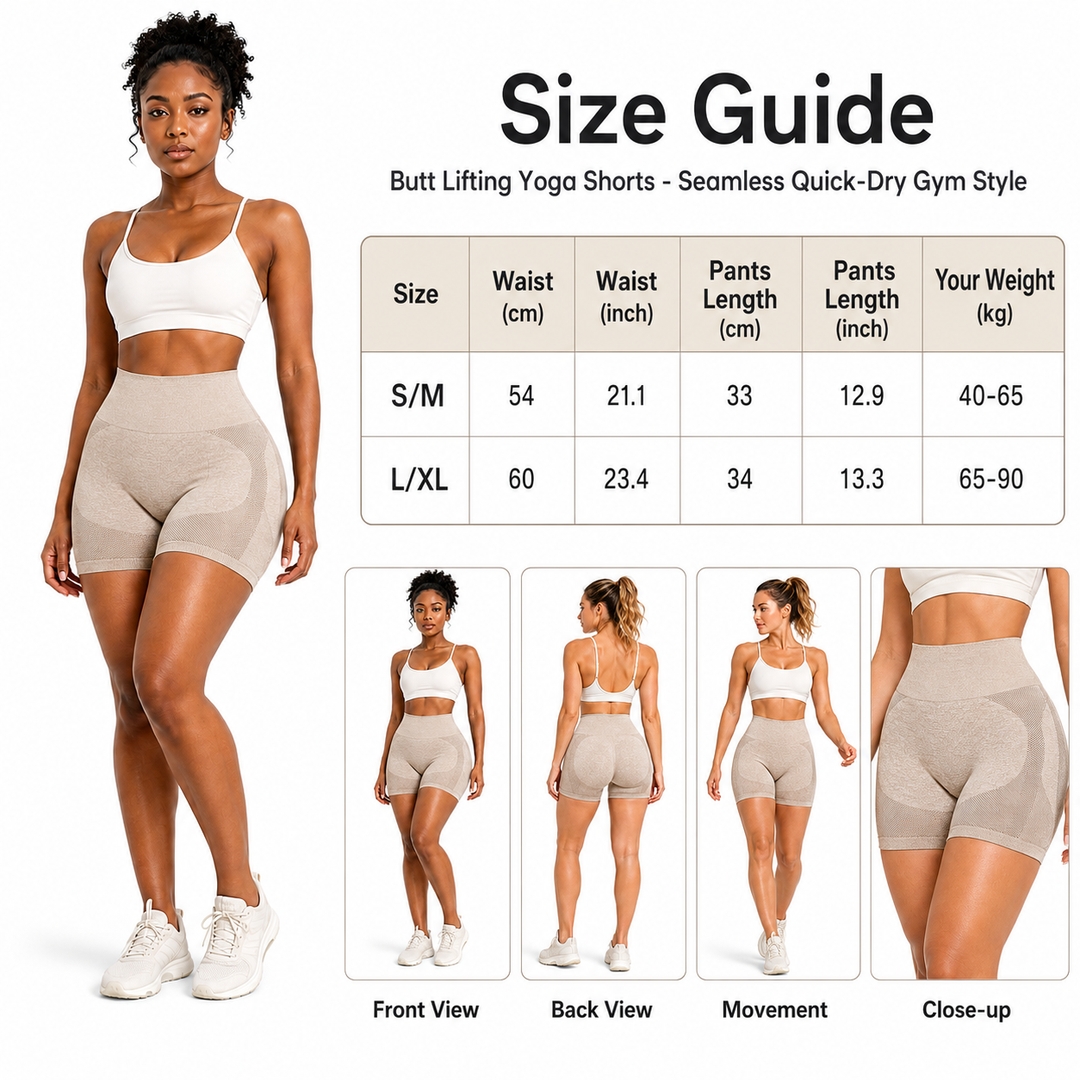 Size guide graphic for butt lifting yoga shorts, featuring a model wearing beige high-waisted shorts on the left, a waist measurement table from S/M to L/XL, and four view panels showing front, back, movement, and close-up of the shorts.