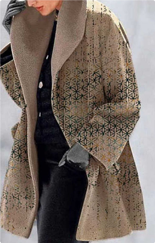 Womens Jackets - Retro Printed Lapel Coat, Cotton Blend