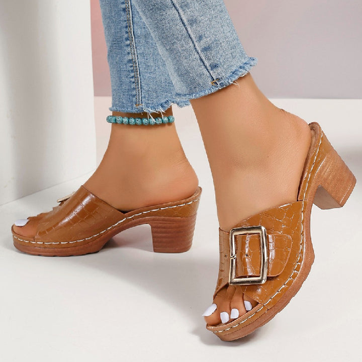 Peep toe slide sandals with square heel and refined crocodile finish