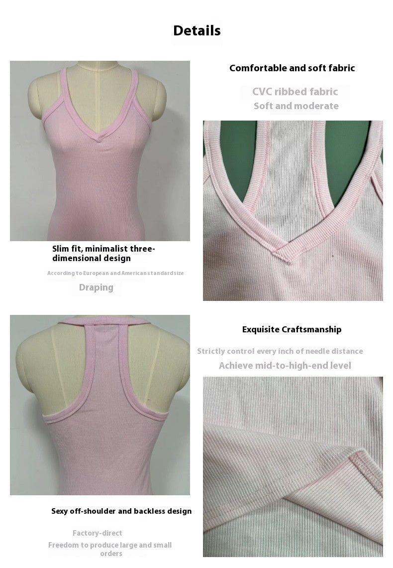 Pink tank top on a mannequin with fabric details and text describing features.