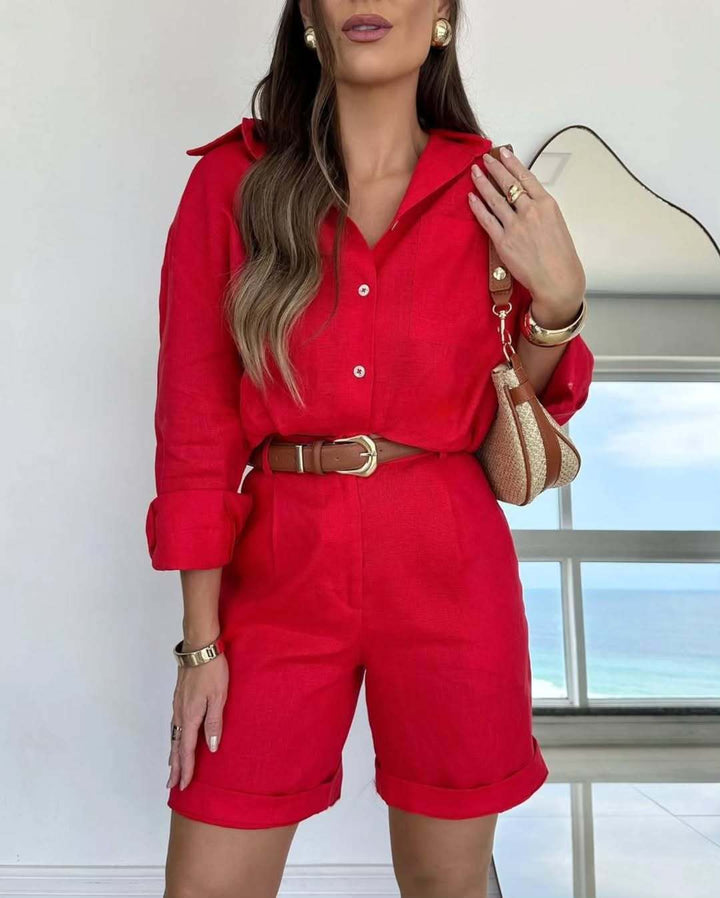 Linen pants and shirt set womens in red — motion shot of model walking, showing natural fabric movement
