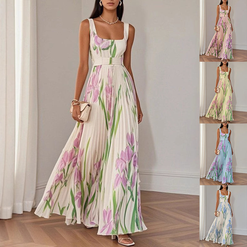 Woman wearing a floral dress with a white curtain background