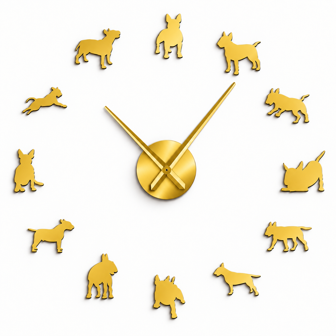 Gold dog wall clock with twelve dog silhouette hour markers and a central quartz clock mechanism on a clean white background.