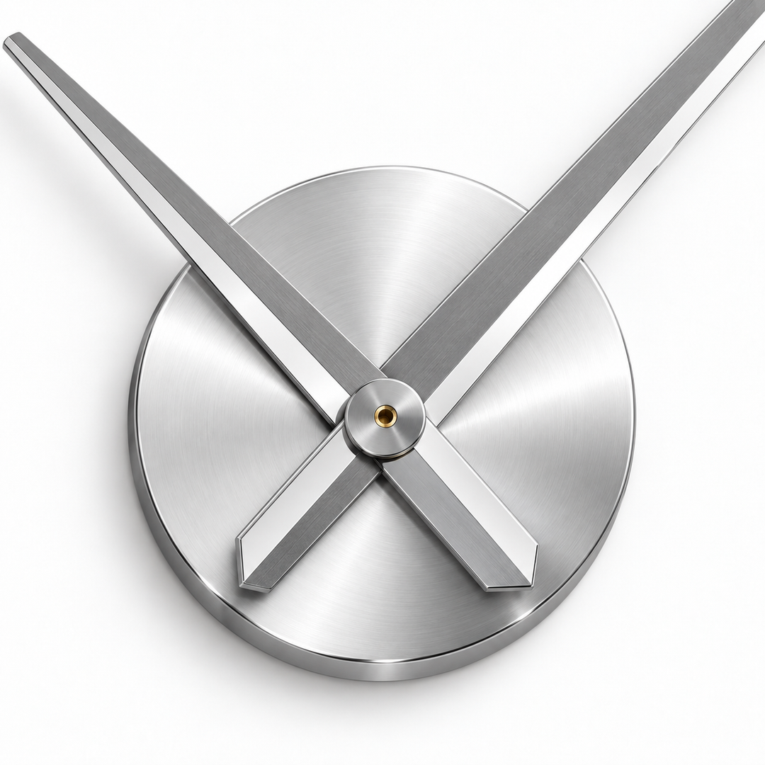 Close-up of the silver wall clock center with round hub and slim hands, highlighting the verified central clock mechanism design.