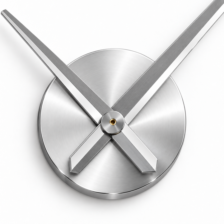 Close-up of the silver wall clock center with round hub and slim hands, highlighting the verified central clock mechanism design.