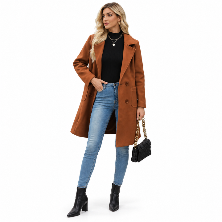 Brown double breasted coat with lapels on a full-length model