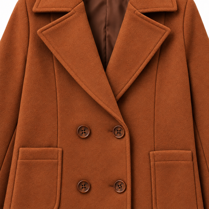 Close-up of the brown coat lapel and button front