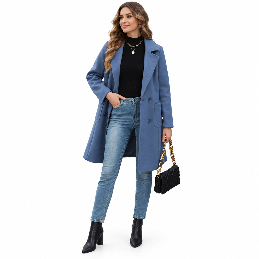 Blue coat with lapels styled on a full-length model