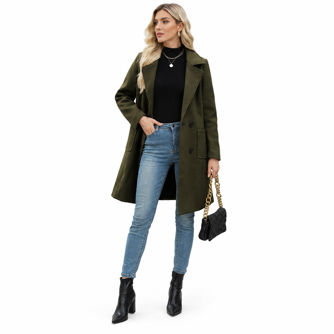 Army green coat with long sleeves and patch pockets