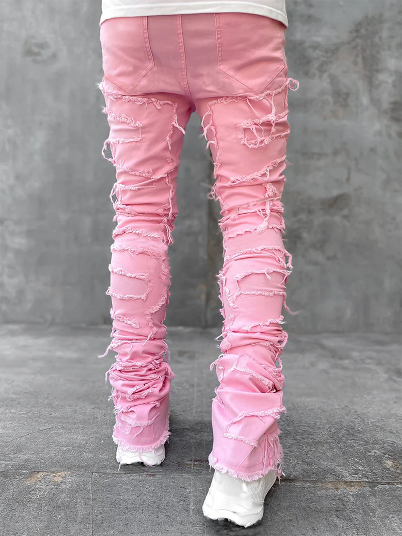men's stacked jeans pink statement color with stacked leg and patched distressing for bold festival fits
